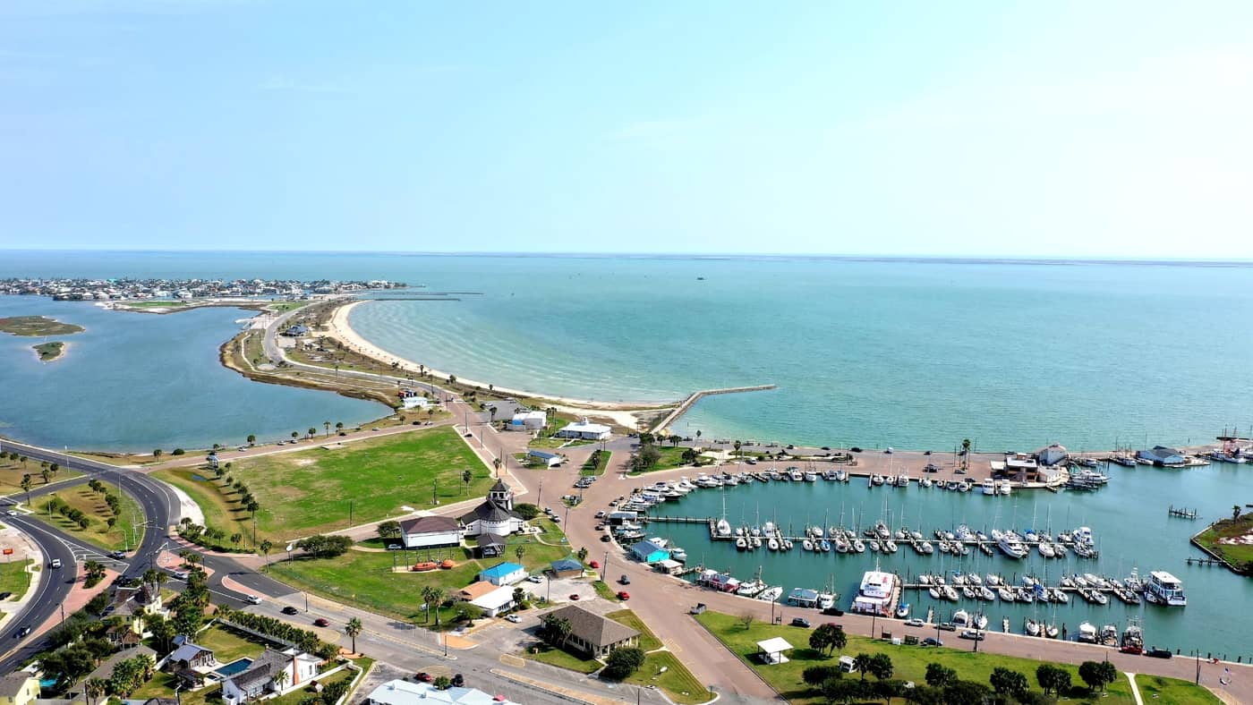 Rockport Beach, the harbor and Aransas Bay from the air